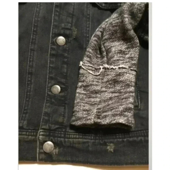 Women FREE PEOPLE Black Gray Denim Knit Jean Hoodie Button Jacket Sz XS Shacket - Picture 7 of 7